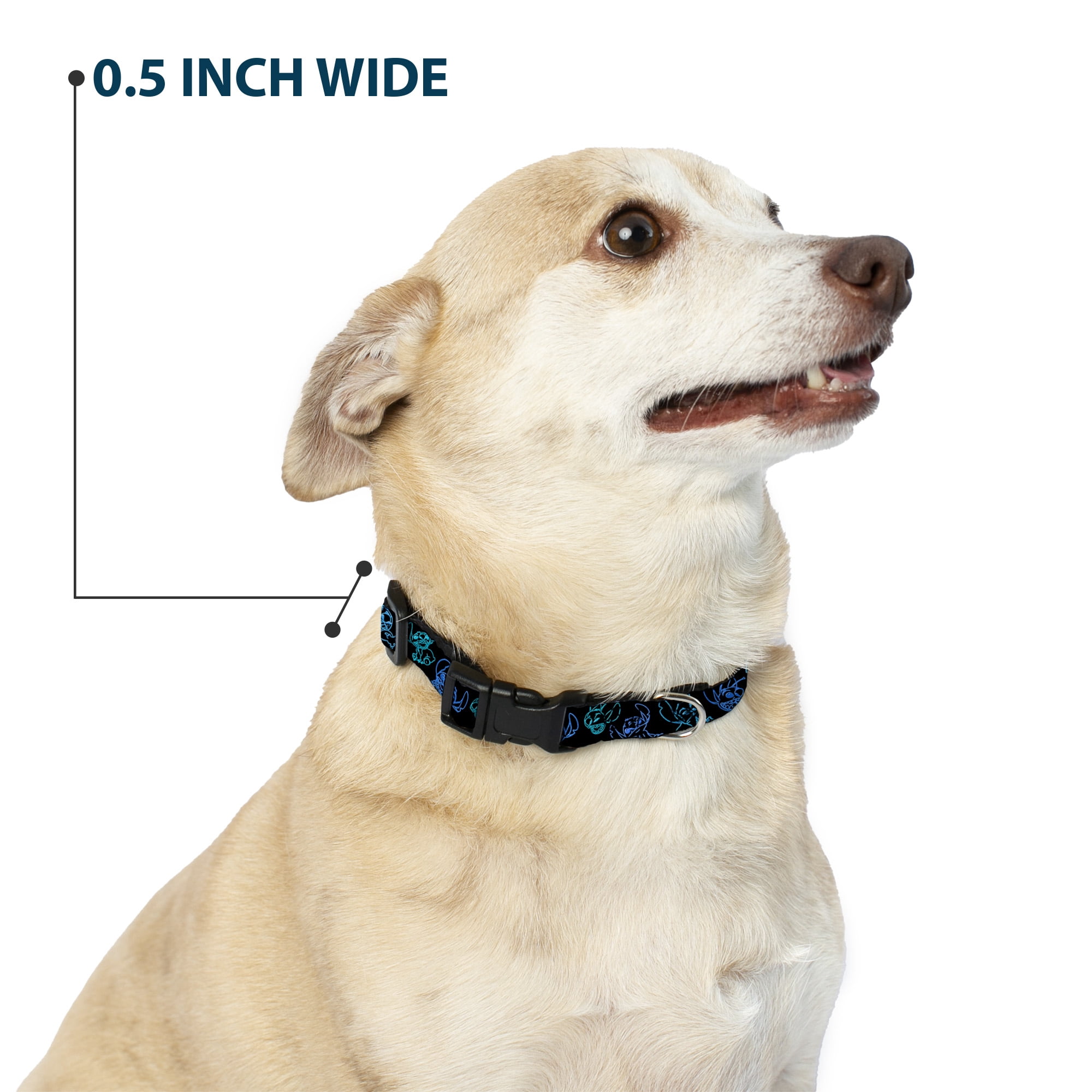 Disney Pet Collar, Dog Collar Plastic Buckle, Electric Stitch Poses Black Neon Blue, 15 to 24 Inches 1.0 Inch Wide
