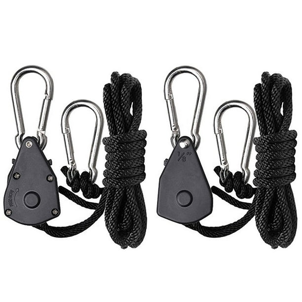 Anself 2-Pack Ratchet 1/8 Inch Adjustable Heavy Duty Tie Down Rope Carabiner Hook Clip Hanger 150lb Capacity For Grow Light Luggage Strap Black