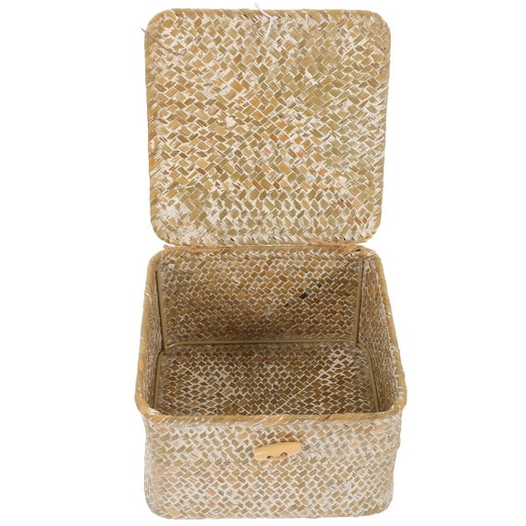 Hytrove 1Pcs Home Storage Baskets Square Bamboo Woven Container Lidded Box 6.9*6.9*4.3in