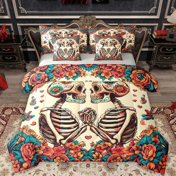 Homewish Romantic Couple Skeleton Twin Bedding Sets 7-Piece, Retro Rustic Flower Floral Bedding Comforter Set, Mandala Bohemian Style Reversible Sheet Sets, Lightweight Room Decor
