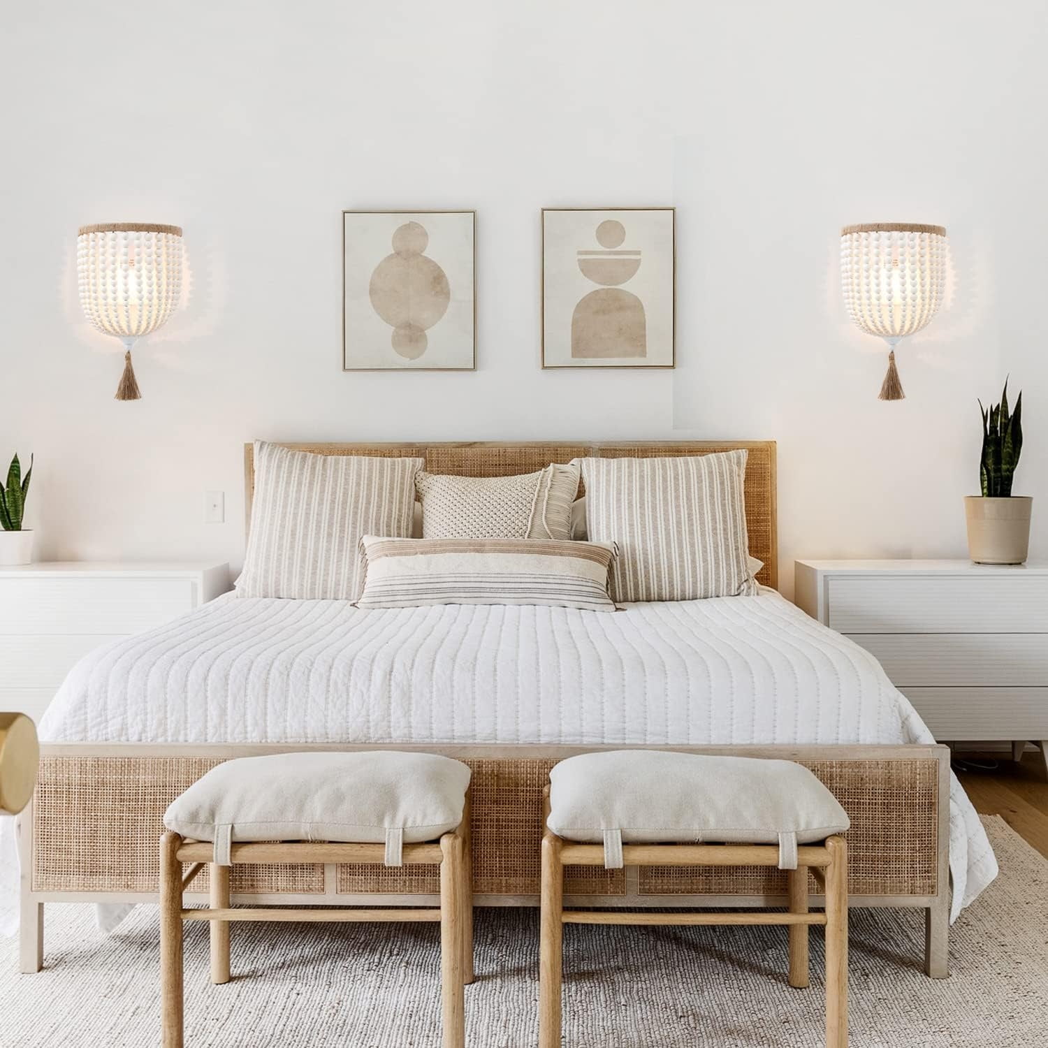 Wood Beaded Wall Sconces Bedside Antique Rustic Wall Sconce Lighting Fixture White Finishing for Bedroom, Hallway, Entryway, Passway, Bathroom, Vanity 2 Pack