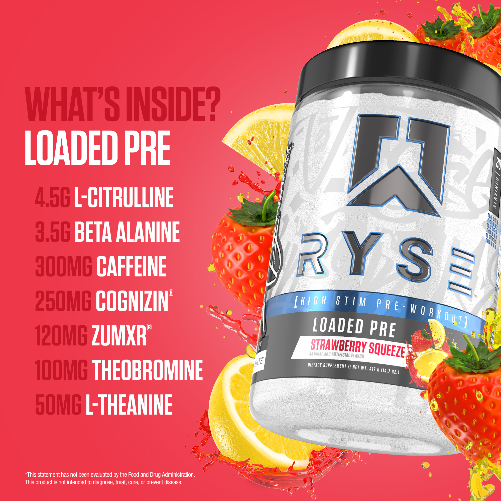 RYSE Loaded Daily Pre Workout Powder - Strawberry Squeeze - 30 Servings