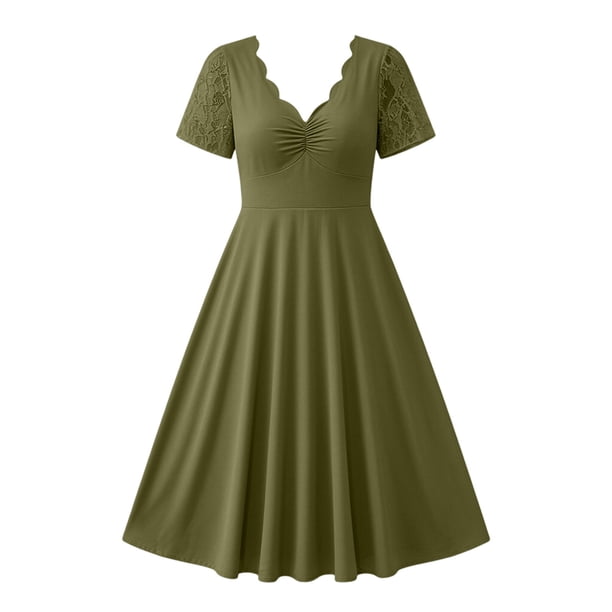 WLOMHUW Dresses for Women Summer V-Neck Lace Sleeve Ruched Waist A-Line Midi Dress Soft Stretchy Elegant Wedding Guest Church Dress Olive Green 2XL