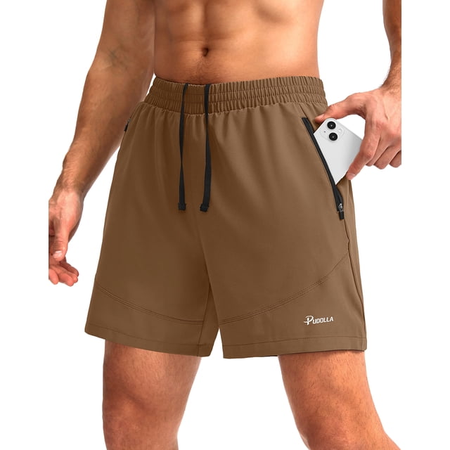 Pantalones cortos para correr Pudolla para hombre, entrenamiento atlético, marrón, talla grande