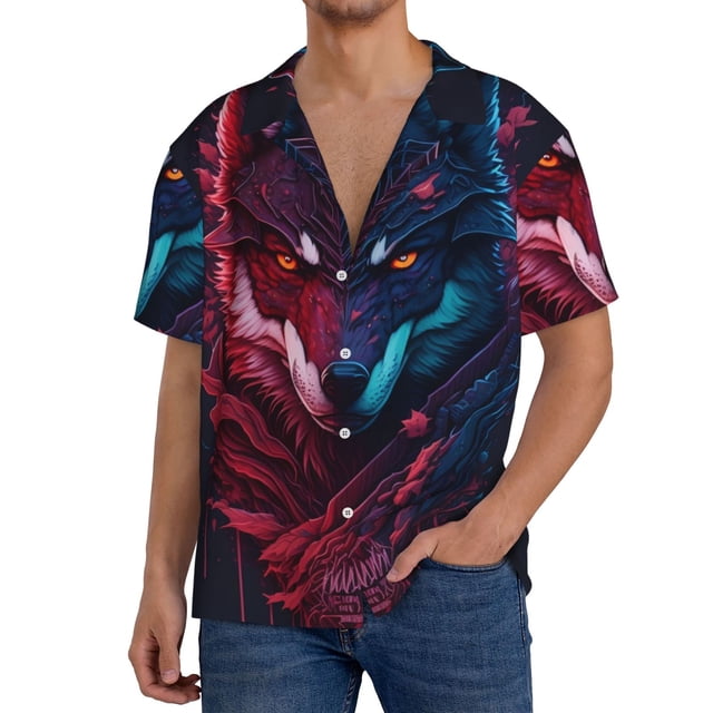 Fotbe Cool Wolf Head Camisa Estampada de Manga Corta para Hombre, Casual de Verano, Estilo Playero, Sin Arrugas-3X-Large