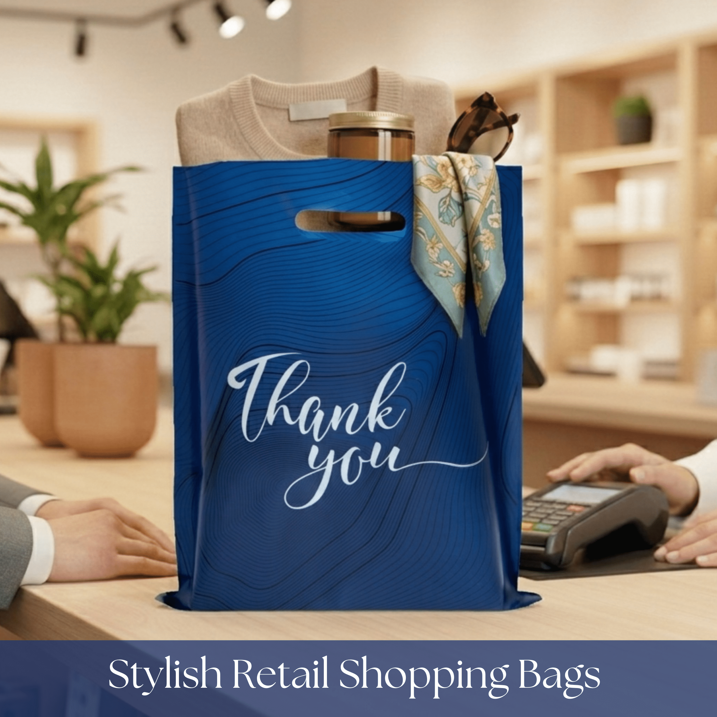 Rainbows & Lilies 100 Blue Thank You Plastic Bags with Handles, 12x15 Bulk Shopping Bags for Small Business, Retail, Merchandise, Gifts, Party Favors