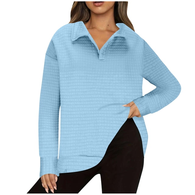 Timegard Tops for Women Lapel V Neck Drop Shoulder Blouse Fall Casual Solid Color Long Sleeve Tops