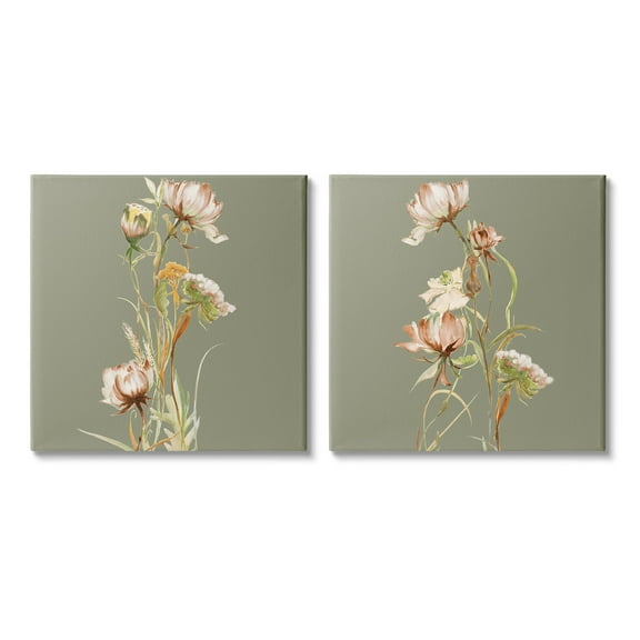Stupell Industries Classic Blooms on Green Botanical & Floral Painting Gallery Wrapped Canvas Art Print Wall Art, 17 x 17, Set of 2
