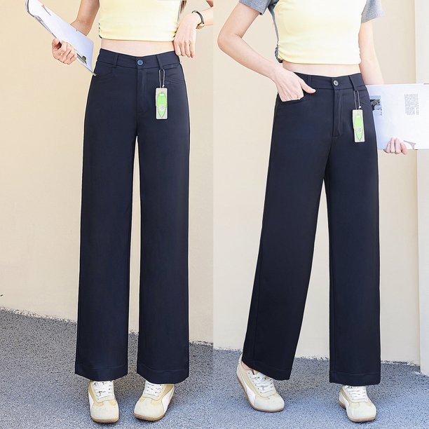 Pantalones de Mujer de Tiro Alto y Pierna Recta en Azul Oscuro, Corte Holgado, Pantalones Casuales de Pierna Ancha para Primavera y Verano