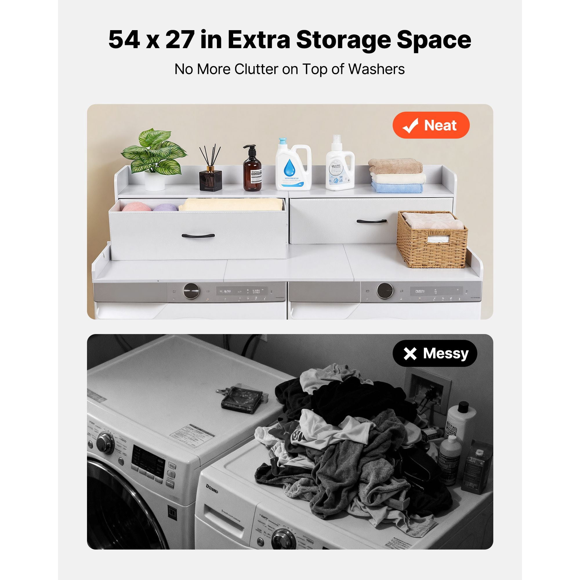 54 x 27.5 in Washer Dryer Countertop with Shelf, Wooden Laundry Topper 2 Drawers Hooks, Machine Top Organization Storage White