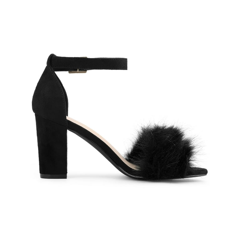 Unique Bargains Women s Ankle Strap Faux Fur Block Heels Sandals