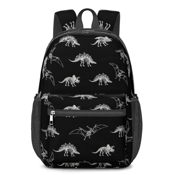 Dinosaur and Bone Black Pattern 17" School Backpacks for Teens,Waterproof Oxford Fabric,S-Shape Padded Straps for School,Travel,Hiking,Camping
