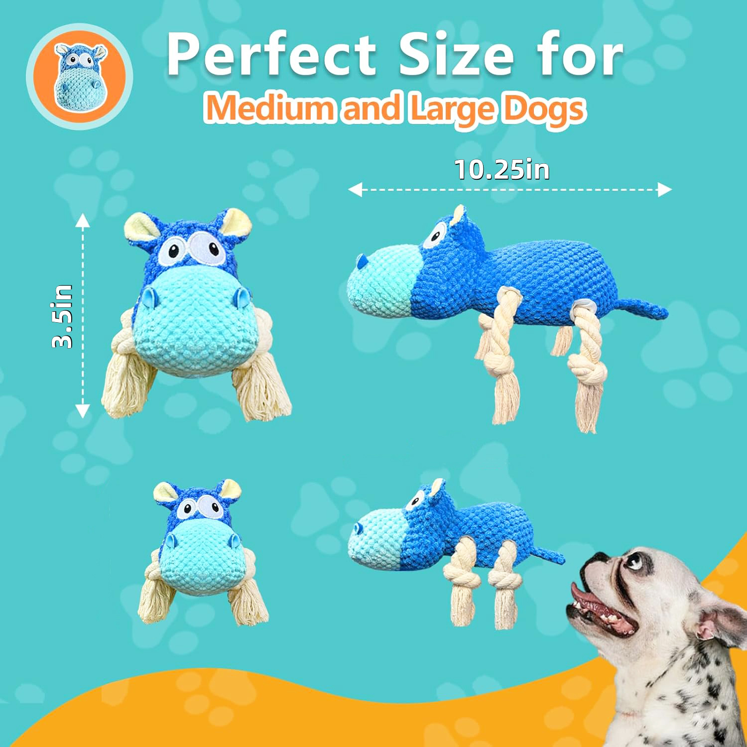 URRU Dog Toys for Aggressive Chewers, Squeaky Hippo photo 5