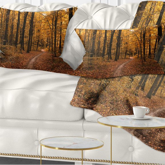 Designart Path in the Yellow Fall Forest - Modern Forest Throw Pillow - 12x20