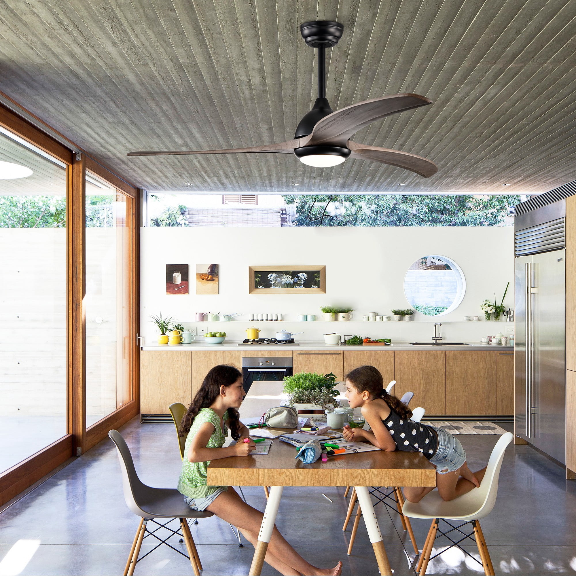 BOFANG 52 inch Modern Wood Blade Ceiling Fan with LED Light - Remote Control, Reversible for All Seasons,Matte Black