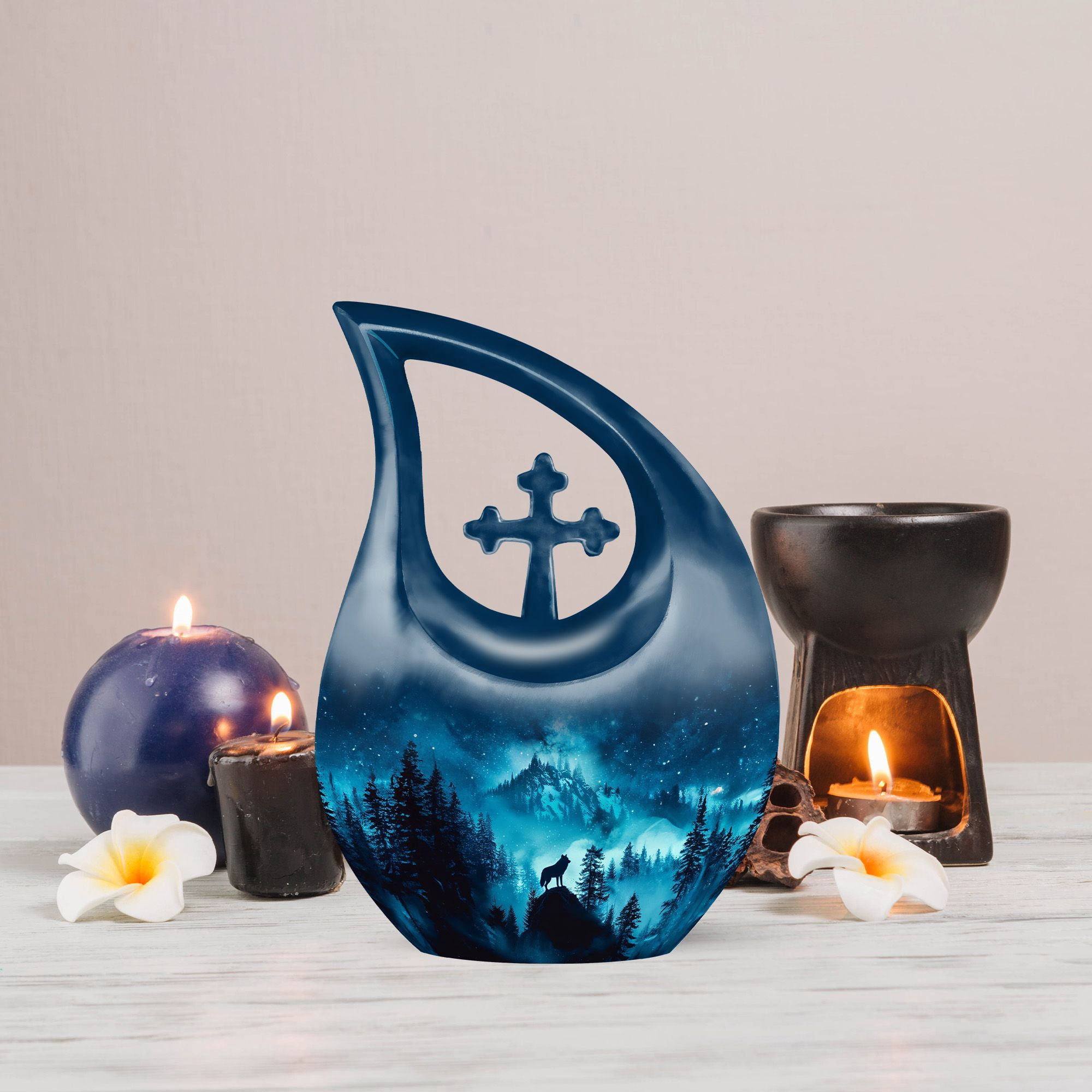 MUKTIVE Urns for Human Ashes Adult Wolf - 10 Cremation Urns for Human Ashes - Large Decorative Urn - Blue Urn for Mom and Dad