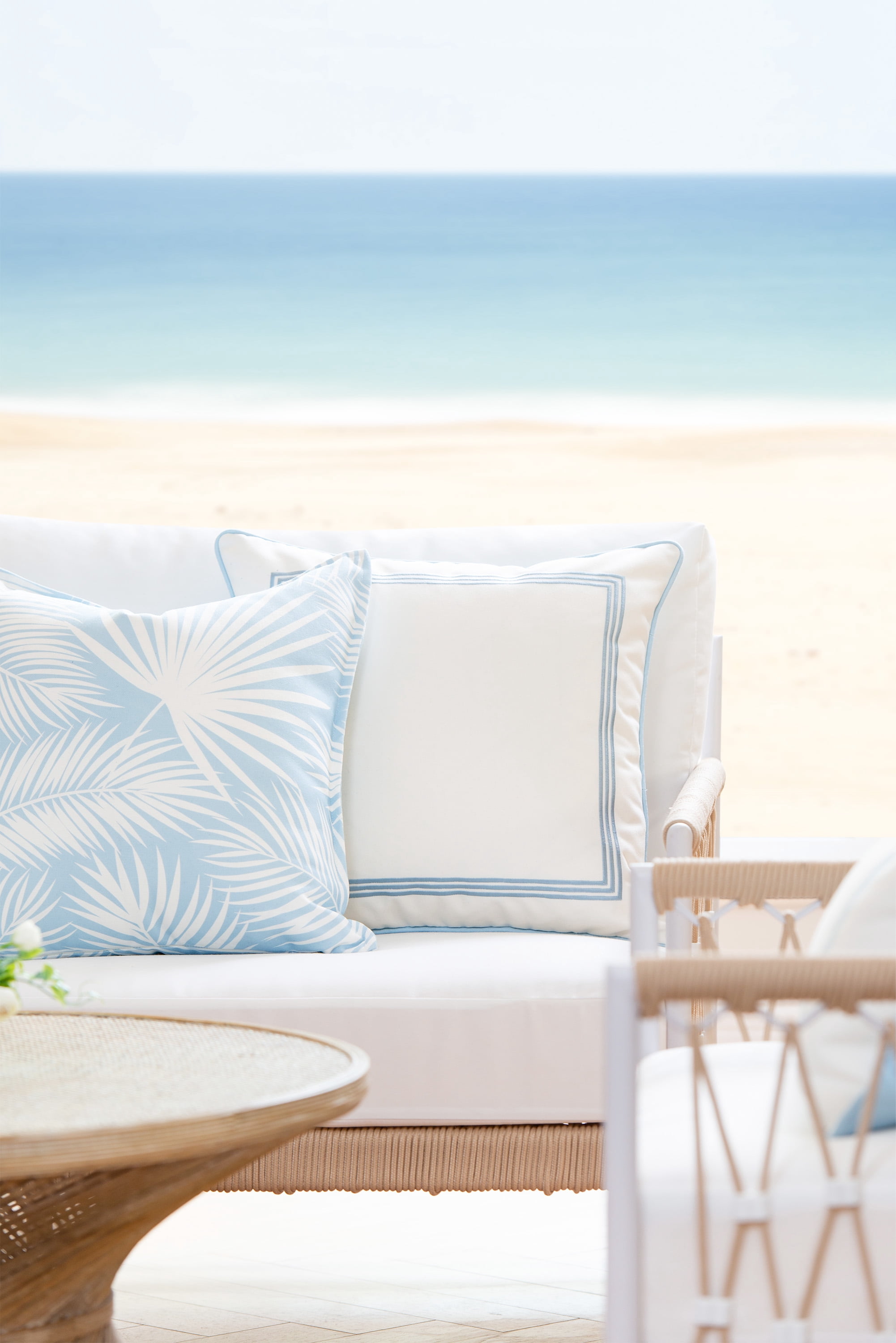 Hofdeco Premium Coastal Hampton Style Patio Indoor Outdoor Pillow Cover Only, 20"x20" Water Resistant for Backyard, Couch, Baby Blue Embroidered Square Line