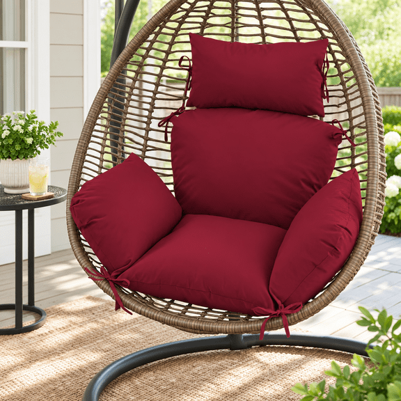 Burgundy Outdoor Egg Chair Cushion with 8 Securing Straps, Water-repellent Fade-resistant Replacement for Hanging Swing Chairs