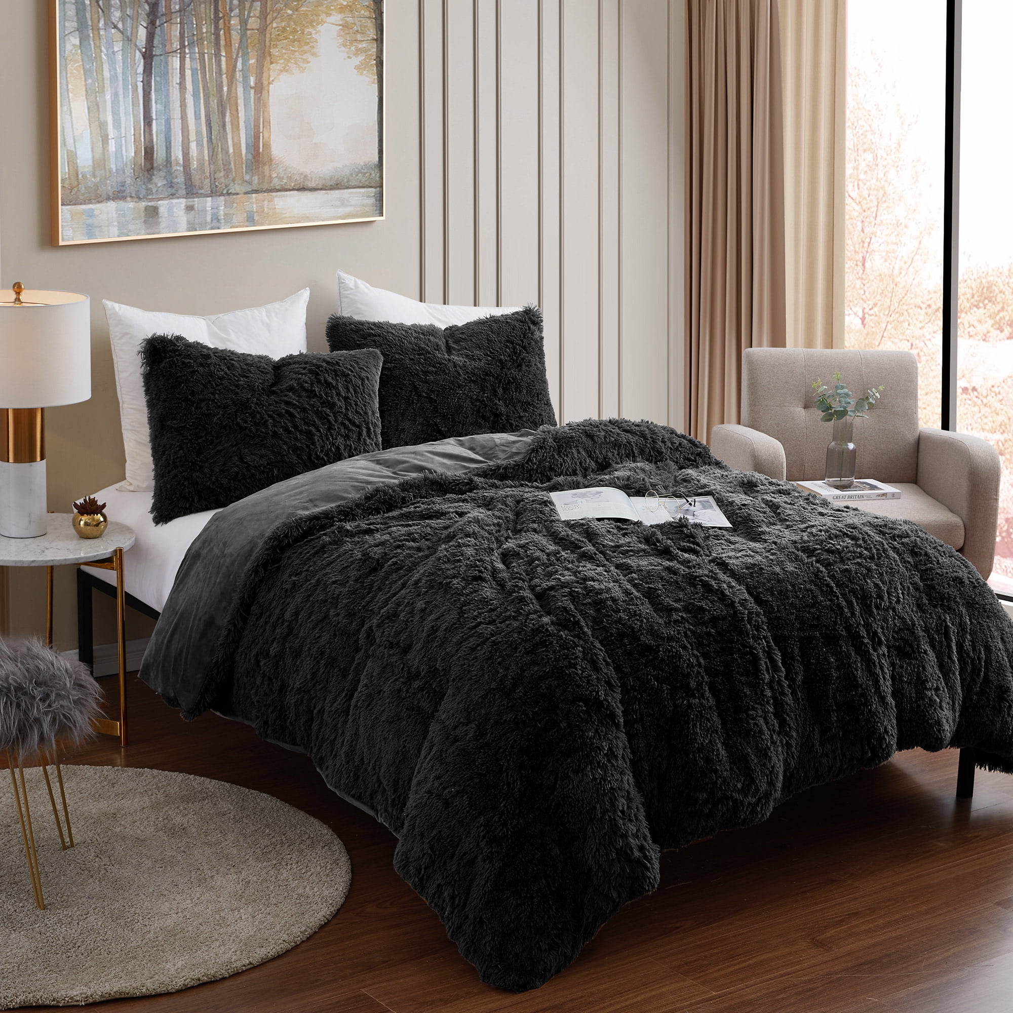 Sweet Home Collection Long Faux Fur Plush 3-Piece Microfiber Comforter Bedding Set - Black, Queen