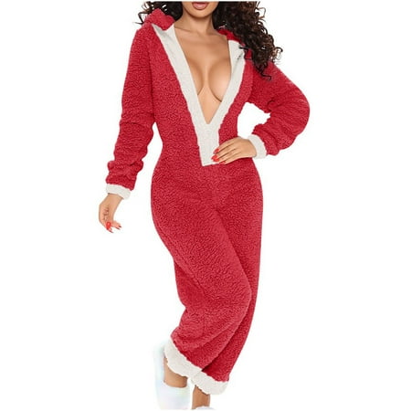 

Clearance Women s Onesie Pajama Winter Warm Sherpa Romper Fuzzy Fleece Sexy Pajamas One Piece Zipper Hooded Jumpsuit Sleepwear Playsuit