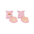 thumbnail image 6 of RUINIXCW Toddler Baby Girl Halloween Outfit Little Baby Girls Summer Fall Clothes Ghost Pumpkin Embroidered Flying Sleeve Ruffled Hem Shirt Tops and Plaid Shorts 2 Piece Set, 6 of 9