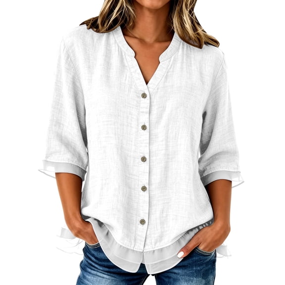 Shirts for Women Dressy Casual Mesh Hem 3/4 Length Sleeve Button Down Shirts Summer V Neck Trendy Solid Going Out Tops