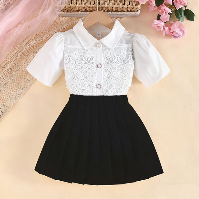 Conjunto de falda y top de manga corta de verano con falda plisada para niñas pequeñas y preescolares.