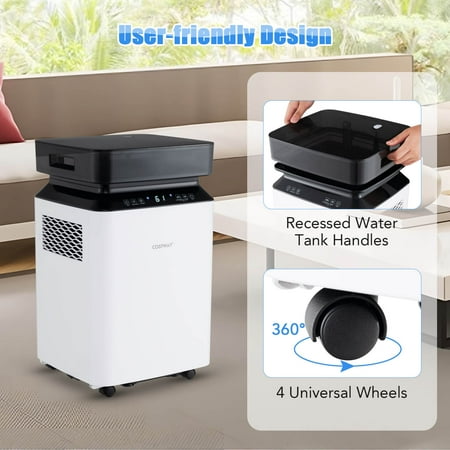 Costway 90 Pint Dehumidifier for Basement with Continuous & Auto Mode Large Water Tank - White