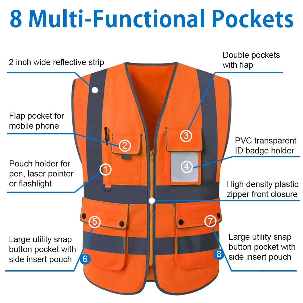 TOPTIE 8 Pockets High Visibility Safety Vest ANSI ISEA Class 2 Reflective Vest-Neon Orange-XL