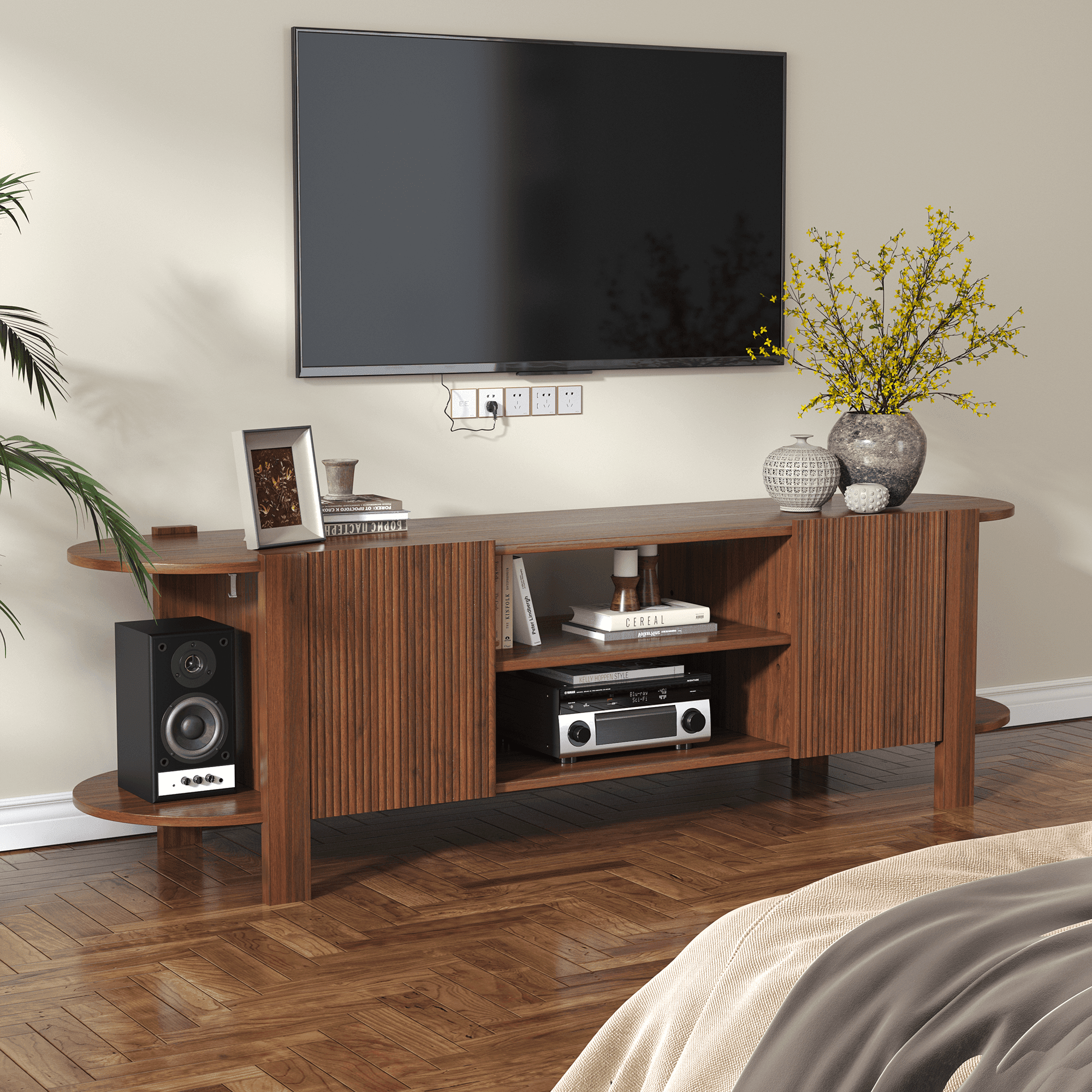 ZOSQUARE 65 inch TV Stand for TVs up to 75", Walnut Entertainment Center with Fluted Doors and Open Shelves, Wood TV Console with Rounded Edges for Living Room