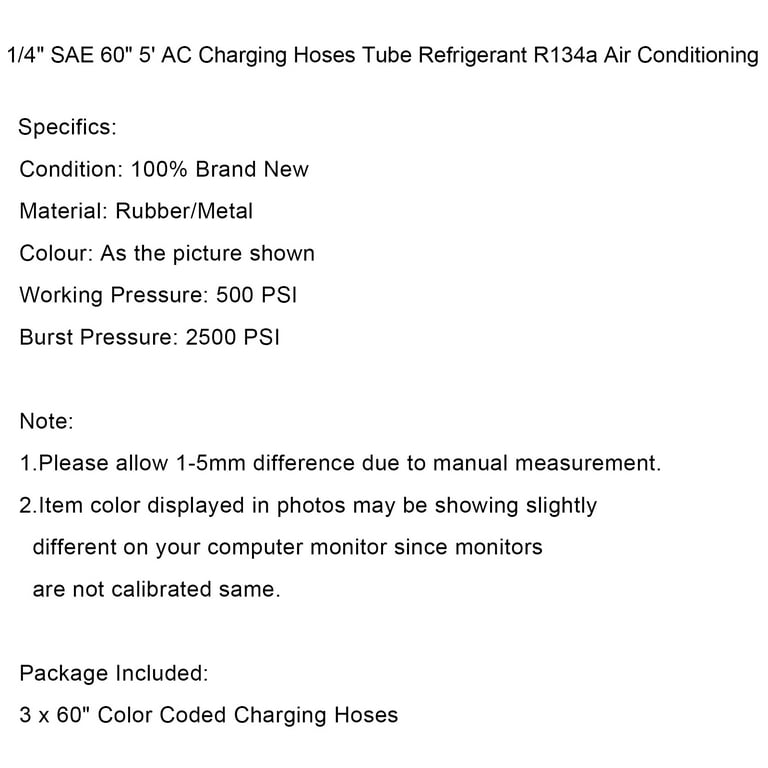 1/4 SAE 60 5' AC Charging Hoses Tube Refrigerant R134A Air