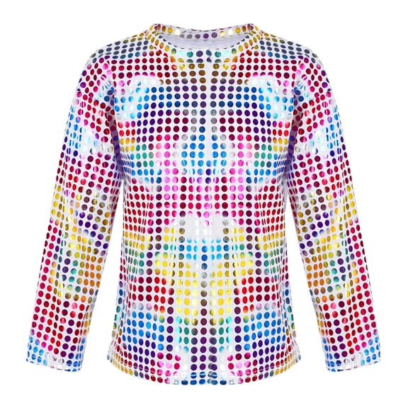 FINALGANG Boys Kids Long Sleeve Crew Neck Top With Metallic Sequin Dot Print Shiny Casual Top For Party Wear Streetwear Pink 5-6 Years
