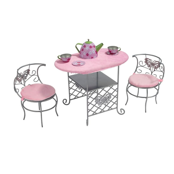 Badger Basket Thé Temps Jouet Table de Poupée en Métal et Chaise avec Accessoires pour Poupées 18 Pouces - Argent/rose/multi