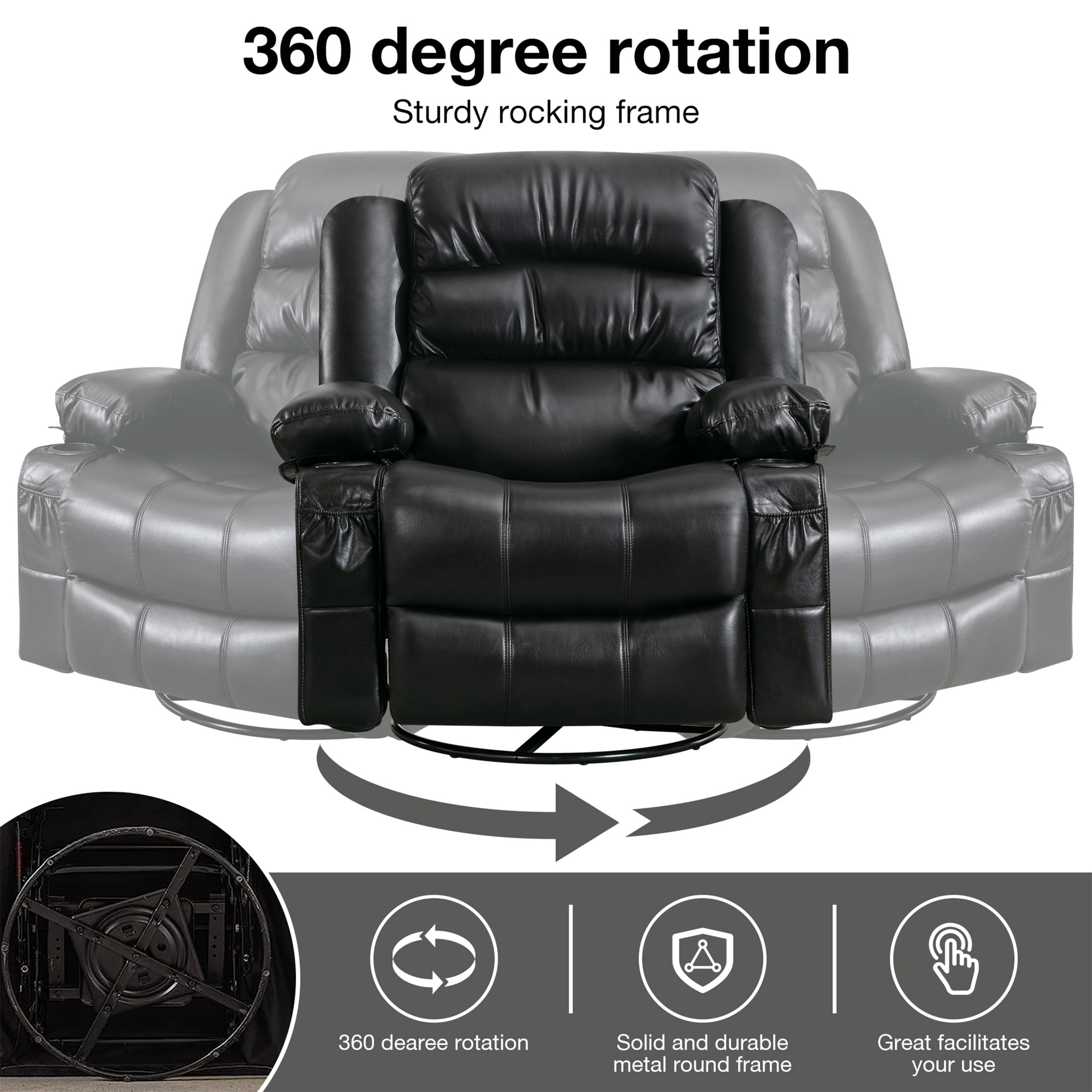 UHOMEPRO Massage Swivel Rocker Recliner Chair, PU Leather Rocking Sofa Home Recliner with Side Pockets Cup Holder and USB Charge Port, 360-degree Rotation, 30-degree Rocking, Black