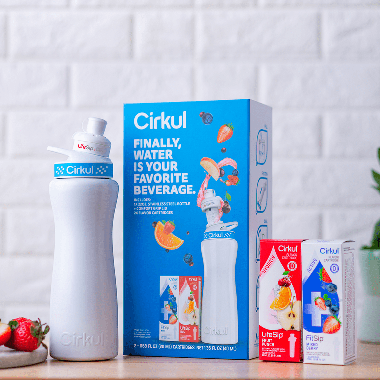 cirkul 22 oz Plastic Water Bottle Starter Kit with Blue Lid and 4 Flavor  Random Cartridges - Electrolytes, Vitamins, No Sugar, LifeSip, GoSip and