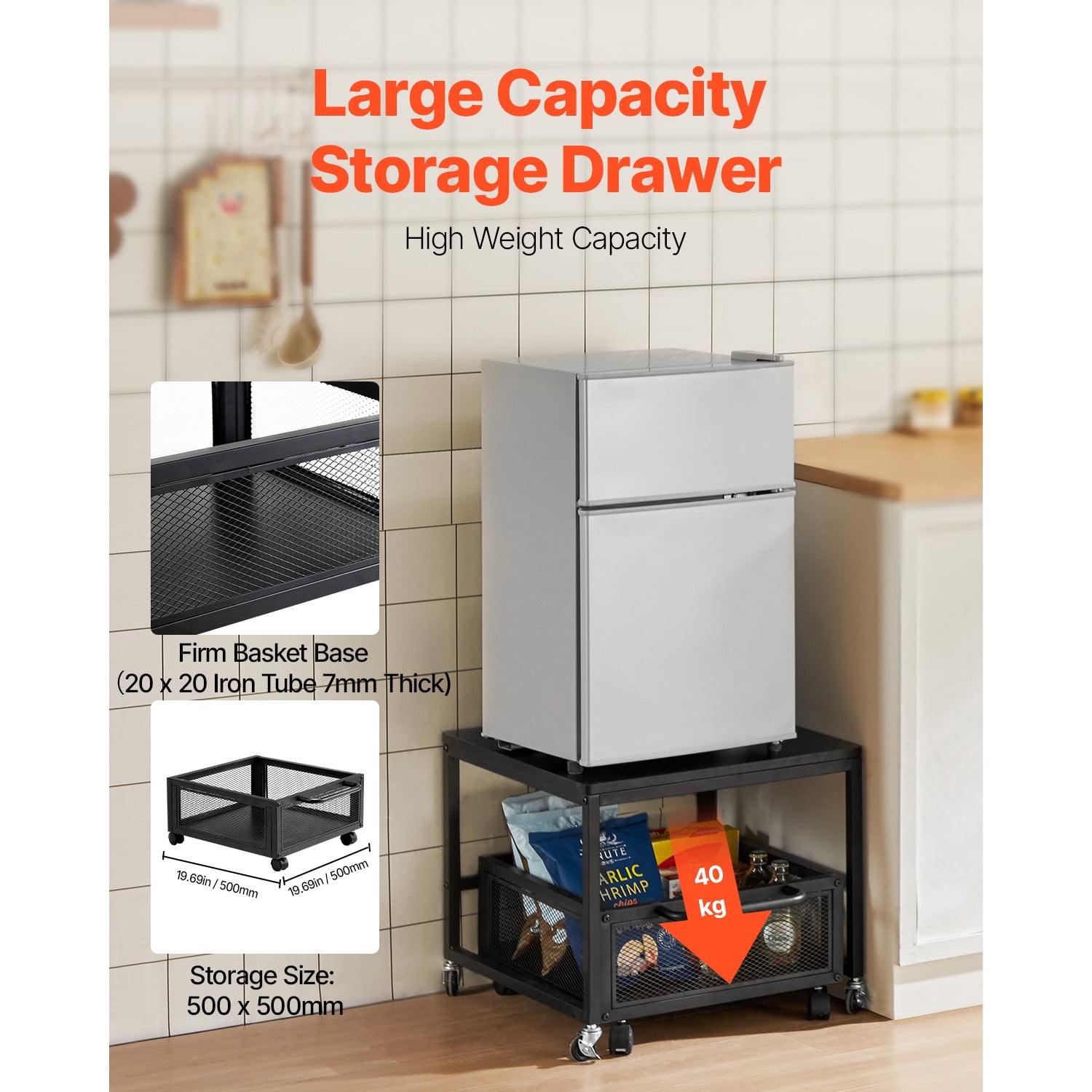 KFFKFF Compact Refrigerator Stand with Storage, Supporting 198 lbs, Portable Fridge Table with Mobile Storage Cart & Rotating Wheels, Drink Cooler Stand for Coffee Station, Small Fridge Holder
