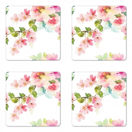 

Floral Coaster Set of 4 Romantic Spring Garden Flowers Blooming on Branches Innocent Delicate Nature Theme Square Hardboard Gloss Coasters Standard Size Multicolor by Ambesonne