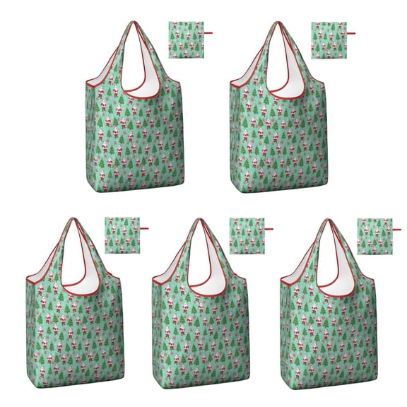 5 Pack Foldable Shopping Bag,Light Blue Christmas Santa and Tree Pattern Reusable Grocery Bags with Pockets,Large Reusable Tote Bags with Handles Waterproof & Lightweight