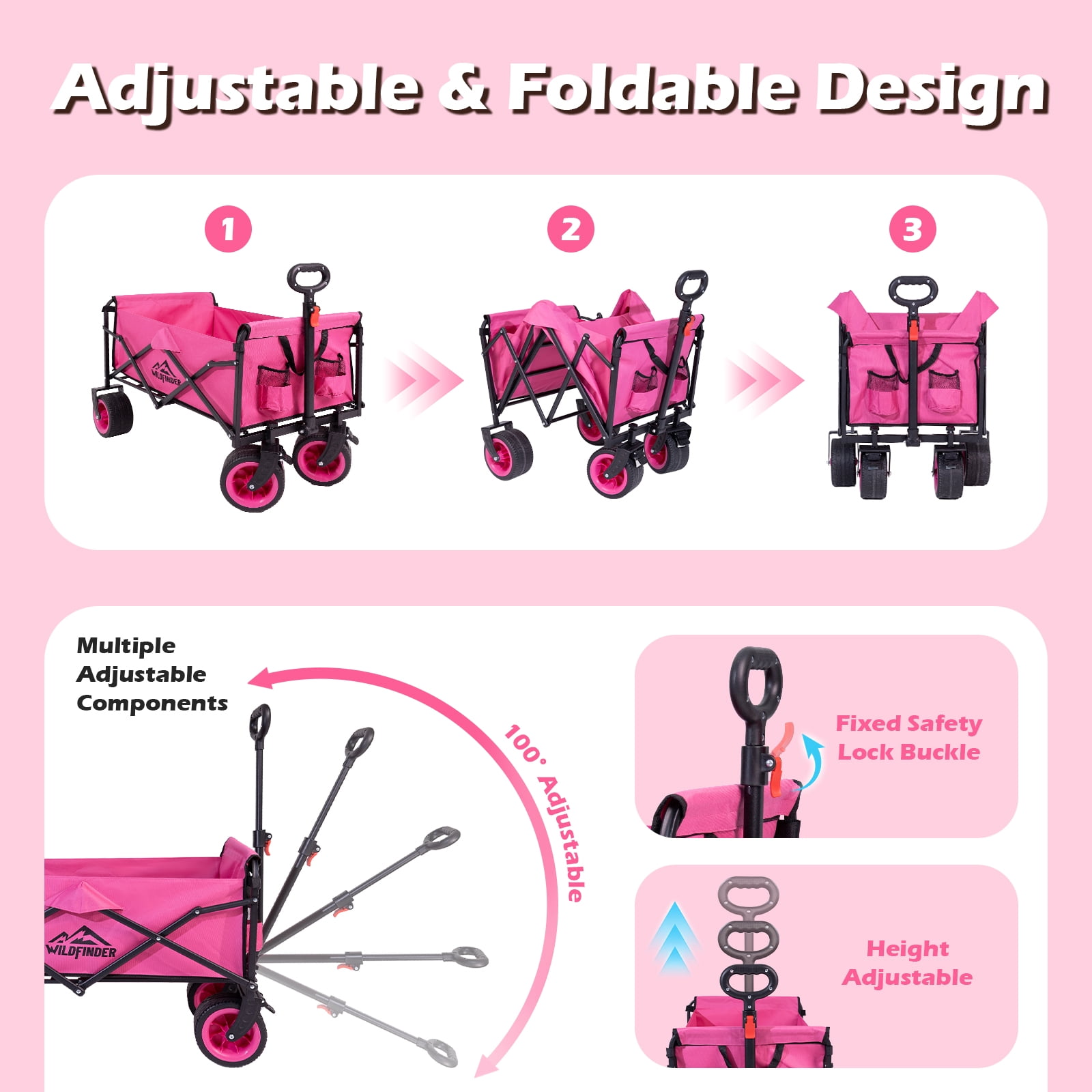 WildFinder Collapsible Small Outdoor Wagon Cart with Adjustable Handle & Waterproof Fabric, Folding Utility Wagon for Garden, Camping and Daily Use, Pink