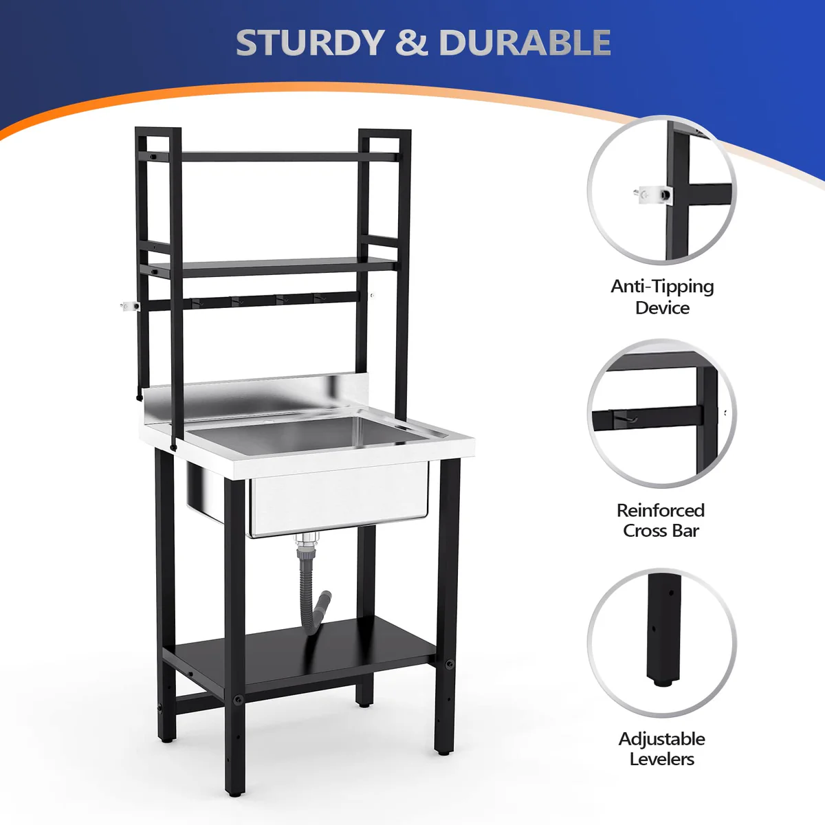 Ktaxon 28" × 24" Stainless Steel Utility Prep Sink with Adjustable Shelves, One Compartment Freestanding Sink with Backsplash & 3.5" Drain