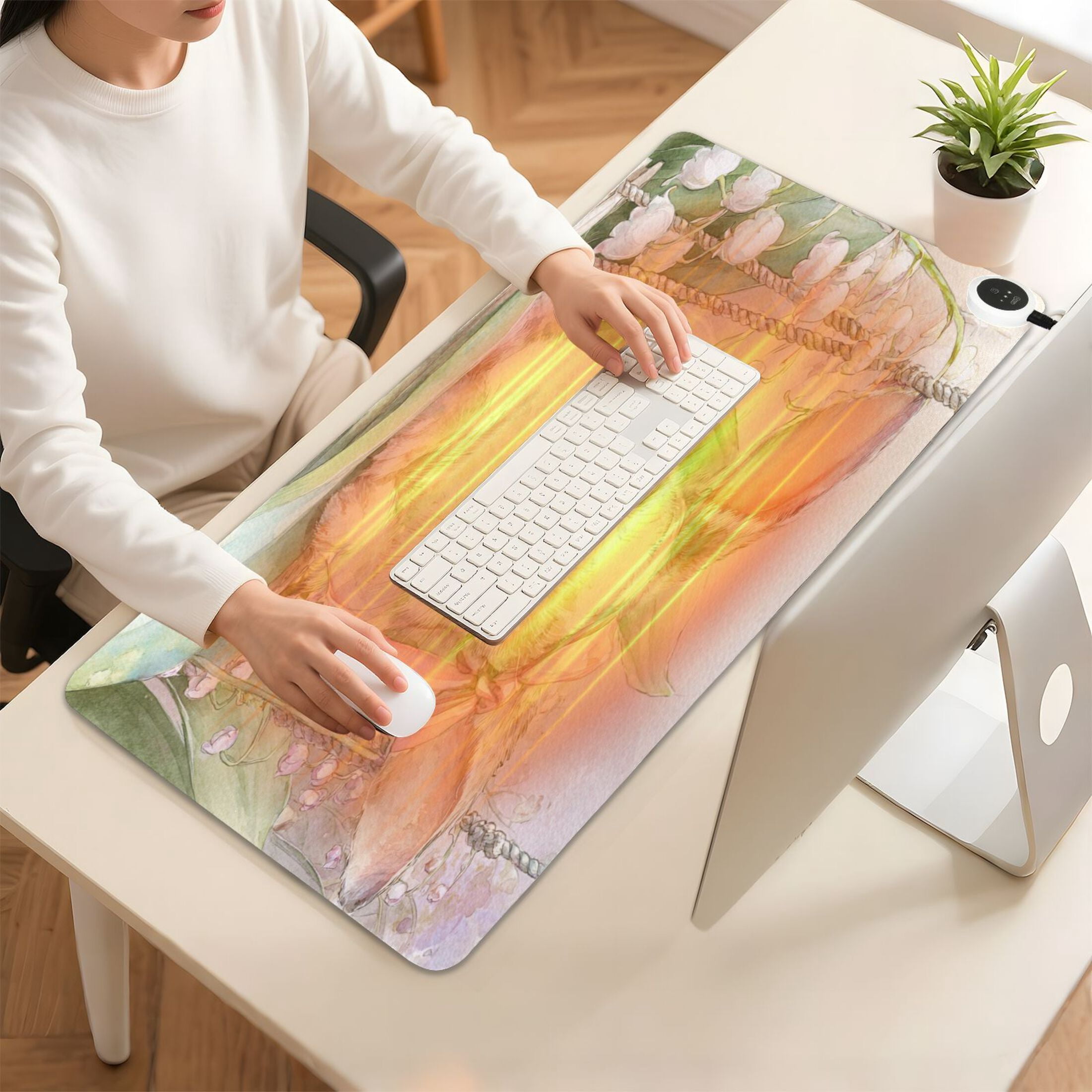 Large Heated Desk Mat Mouse Pad 31.5"x13"PU Leather Graphene Heating Desk Warmer with 3 Temperature Settings 110V US Plug Non-Slip Warm Pad for Home, Office, and Gaming Pink Bow Bunny Art