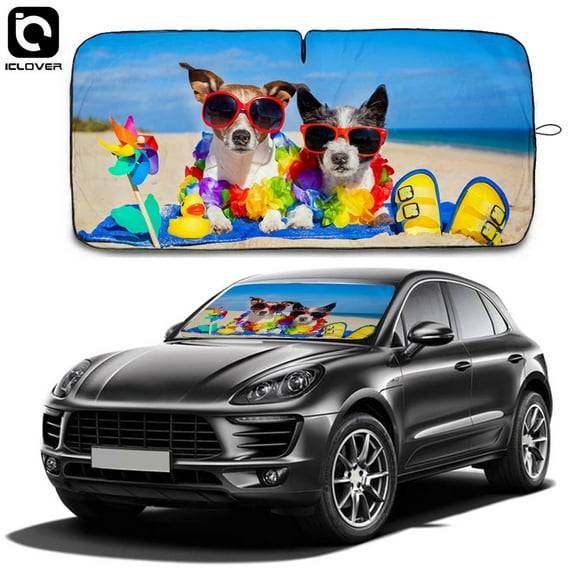 Car Windshield Sunshade [59"x33"], iClover Two Dogs Design Front Auto Car Windshield Sun Shade Folding Silvering Sun Visor - UV Coating for UV Ray Deflector
