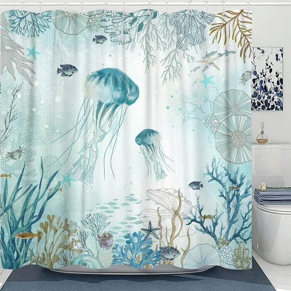 Nautical Shower Curtain, Teal Jellyfish Beach Shell Sea Life Shower Curtains with 12 Hooks, Coral Bathroom Curtain 72"×72"