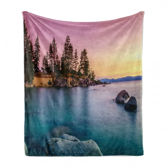 Lake Soft Flannel Fleece Throw Blanket, Trees on the Alley and Stones in the Lake Nature Inspired Tranquil Serene, Cozy Plush for Indoor and Outdoor Use, 50" x 70", Pink Blue, by Ambesonne