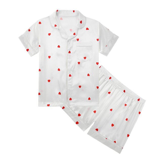Icvfdpl Ensemble de Pyjamas pour Filles Robes Tendance Imprimé Cœur Manches Courtes Pyjama Léger Relaxation à Domicile Âges 5-14 Design Taille Élastique Printemps Loisirs Vêtements de Détente Fille, 7-8 Ans
