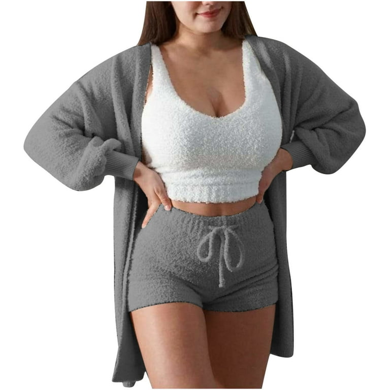 Women's Fuzzy 3 Piece Lounge Set Soft Comfy Pajama Set Cami Crop Top Shorts  Open Front Cardigan Loungewear Sleepwear