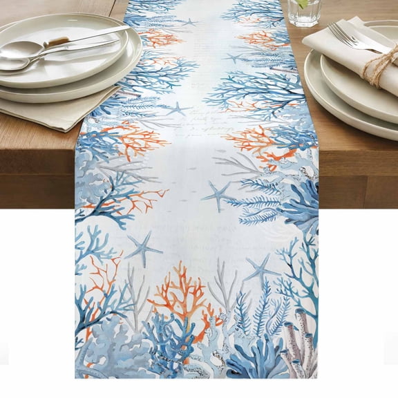 Coastal Coral Table Runner - 48 Inch Long, Kitchen Dining Table Runner Dresser Scarves, Blue Ocean Starfish Turtle Watercolor Farmhouse Decor for Coffee Tables Wedding Party Banquet