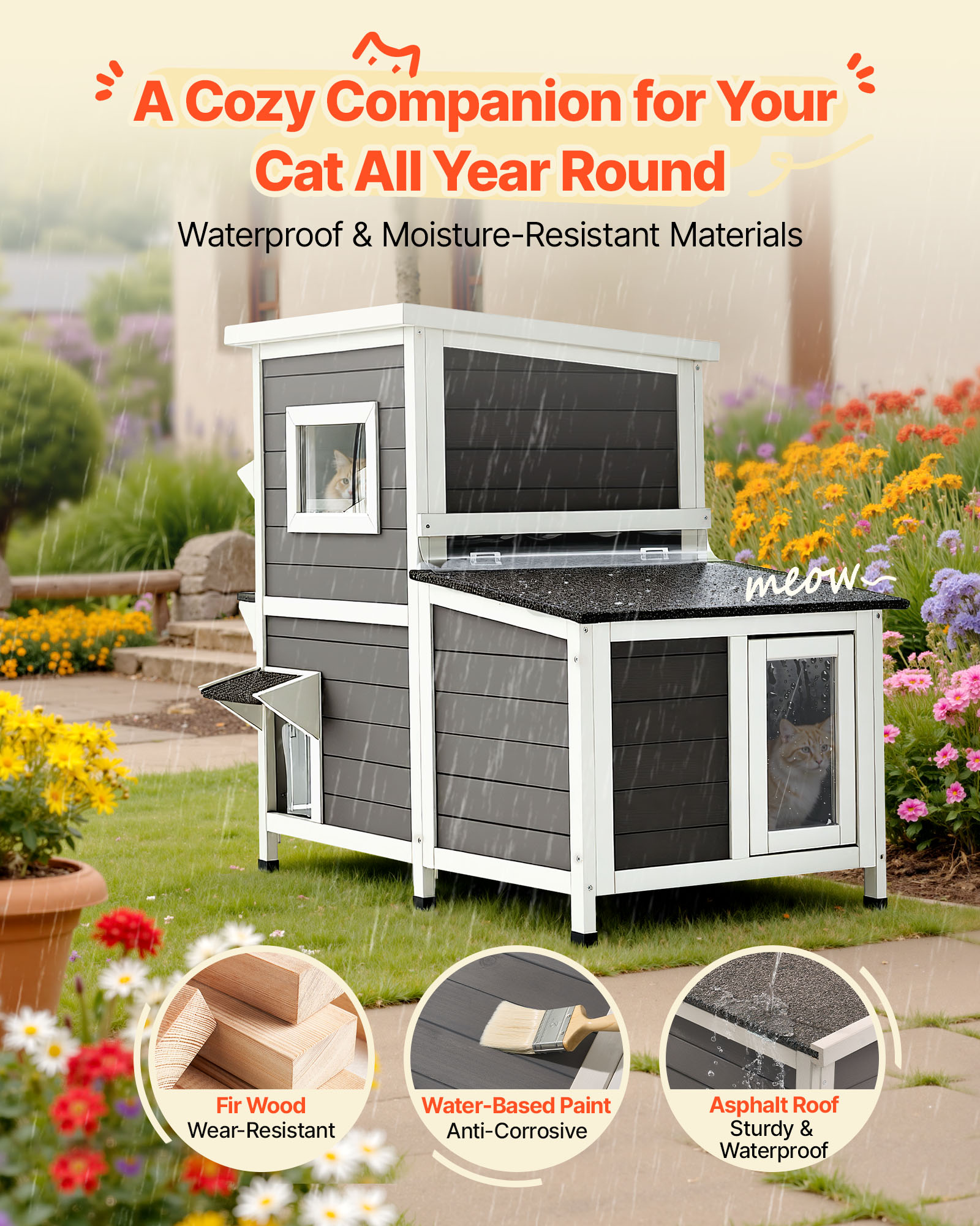 VEVOR Outdoor Cat House,2-Story Wooden Cat Shelter for 3 Outside Cats in Winter,Elevated Feral Kitty Shelter with Stairs, Clear Window & Flap Doors,Waterproof Cats Condos for Garden 42 × 25 × 34 in
