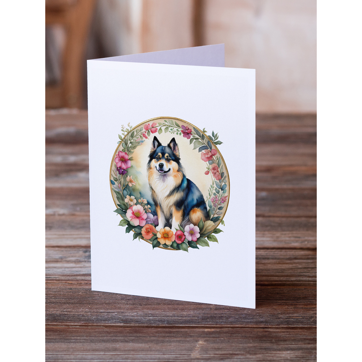 Finnish Lapphund and Flowers Greeting Cards and Envelopes Pack of 8 7 in x 5 in