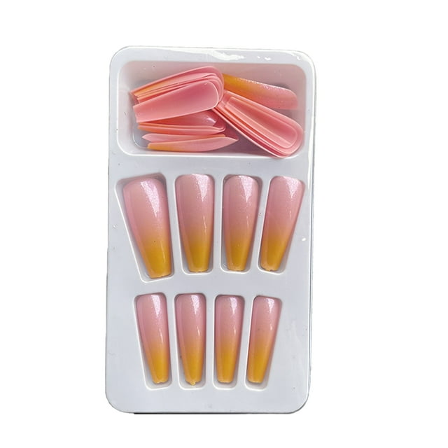 Minnieouse 1 Juego de prensa de punta francesa en las uñas Gradient Extra Long Fashion Full Cover Ballerina Salon Kit de manicura para niñas Arte de uñas tipo 8 Gelatina 24 piezas Pegamento 2g